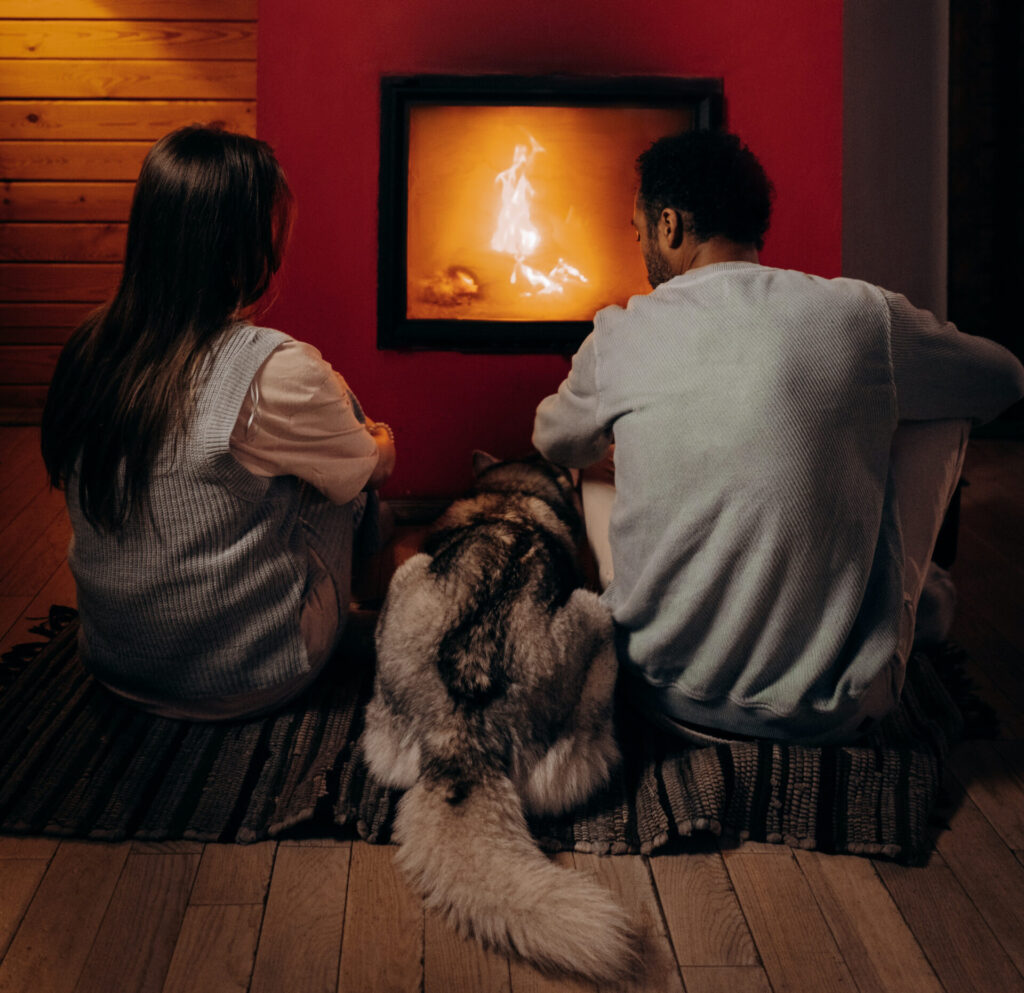 A man and a woman sat on a mat with a dog in front of a wall-mounted fireplace enjoying hygge living
