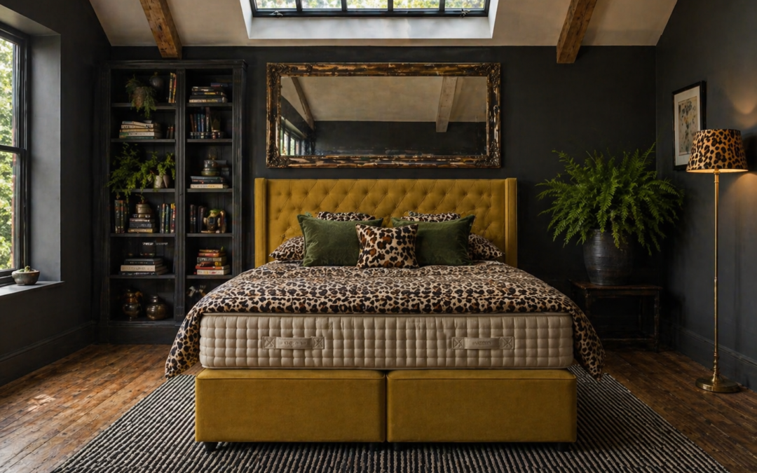 Vispring luxury mattress with supportive natural fillings on a chartreuse upholstered bed in a dark charcoal bedroom with leopard print bedding and rustic wooden floors.