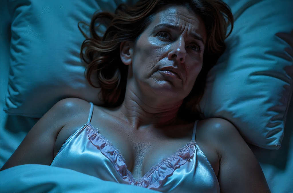 A 55-year-old Caucasian menopausal woman lies awake in bed at 3 AM, sheets tangled, sweat glistening on her forehead, dark circles under her eyes, wearing a silk nightgown, expression of utter frustration.