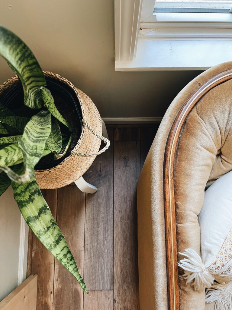 Cosy bedroom corner with a woven plant basket, leafy houseplant and upholstered chair beside a window