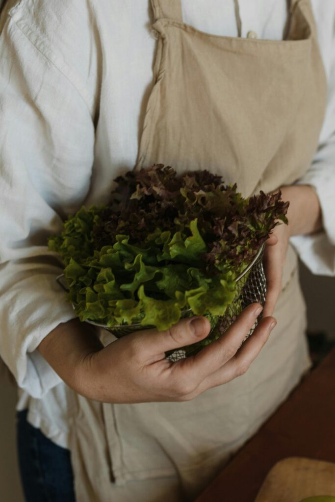 Hands holding fresh green lettuce in a wire bowl, wearing a neutral apron