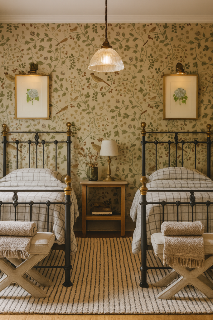 Symmetrical bedroom with two black metal twin beds, plaid bedding, and a shared wooden nightstand between them. Floral wallpaper with birds covers the wall, and a pendant light hangs above, creating a cozy, vintage-style atmosphere