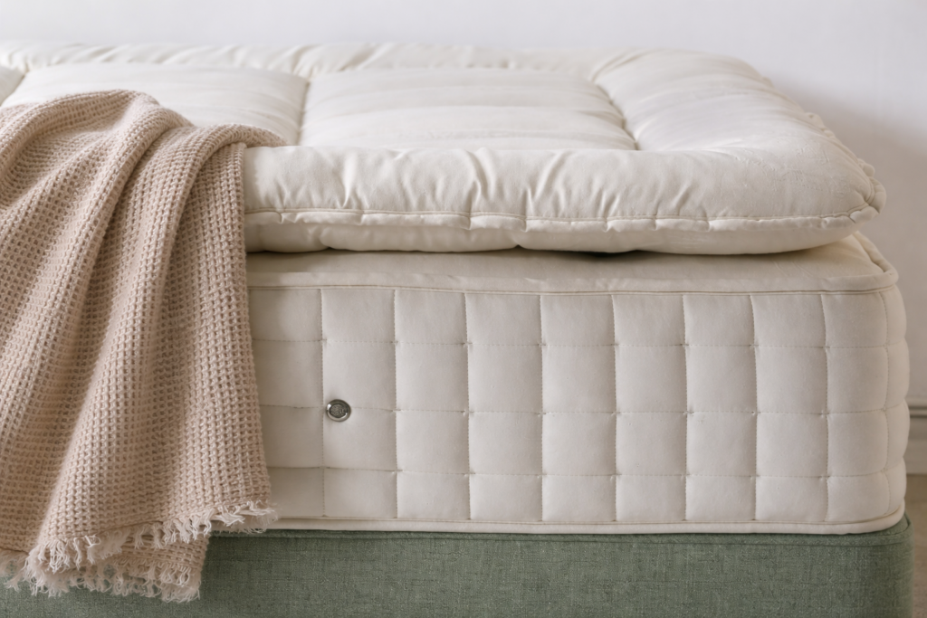 Close-up of a handcrafted mattress with quilted detailing and tufting, resting on a sage green upholstered base, with a soft beige textured throw draped over the side.