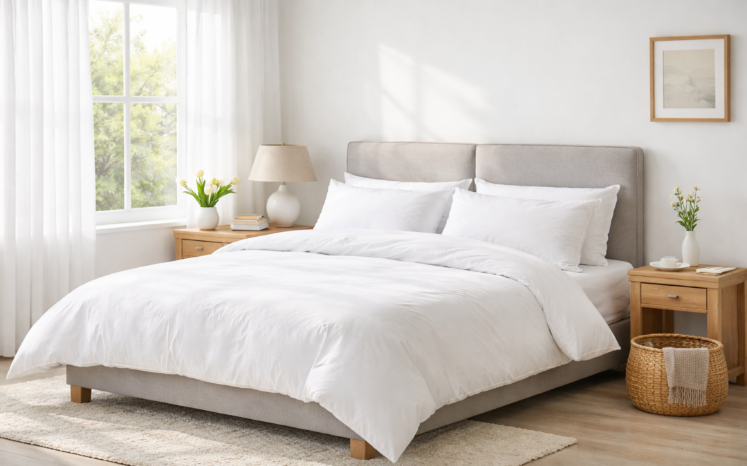 Light and airy bedroom with a neutral upholstered bed, crisp white bedding, wooden bedside tables, and natural daylight streaming through a window with fresh flowers on display.