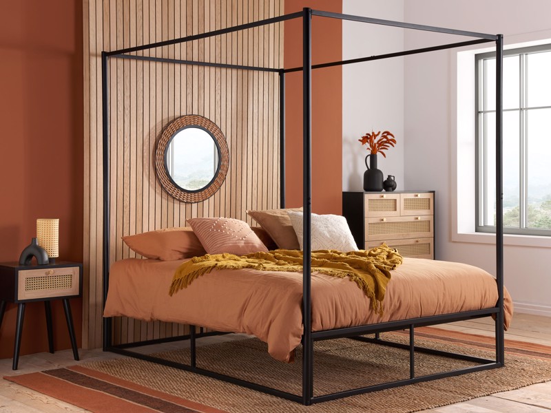 Lorient Black Metal Four Poster Bed Frame with slim black posts