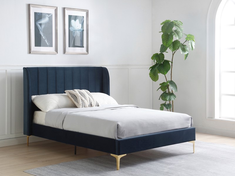 Vienna Ink Fabric Bed Frame with vertical detailing and curved wings