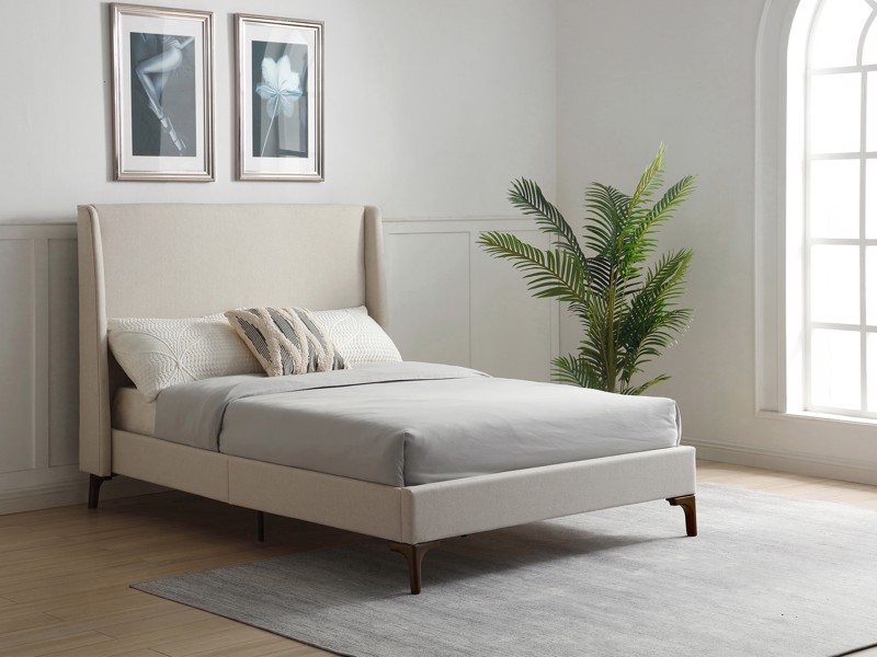 Eden Beige Fabric Bed Frame with stone weave fabric and walnut legs