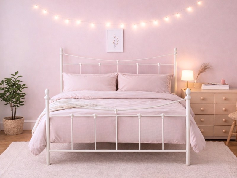 Sloane Stone White Metal Bed Frame with curved rails and finials