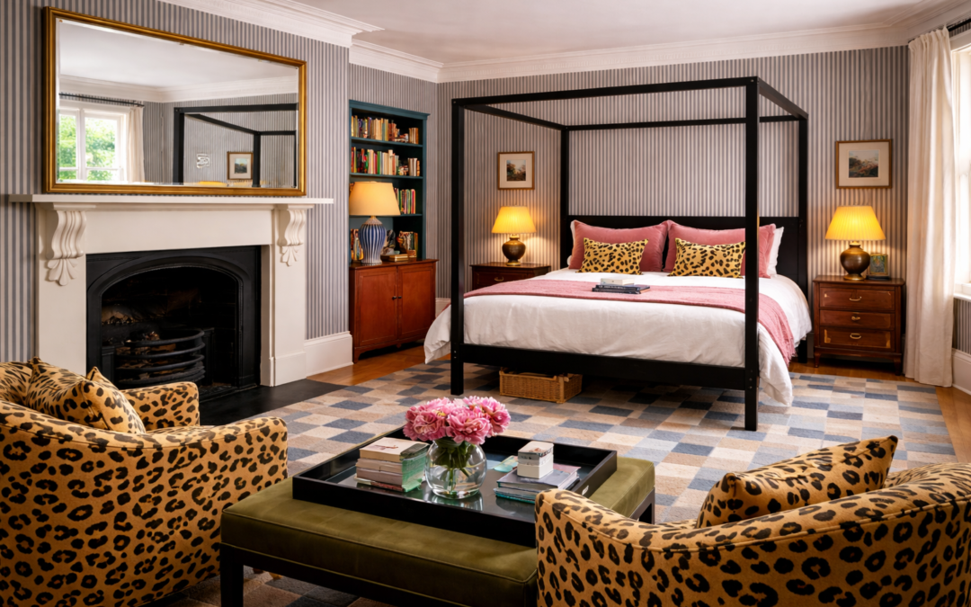 Black wooden bed frame with rattan headboard in a neutral bedroom with dark flooring, jute rug, and natural textures