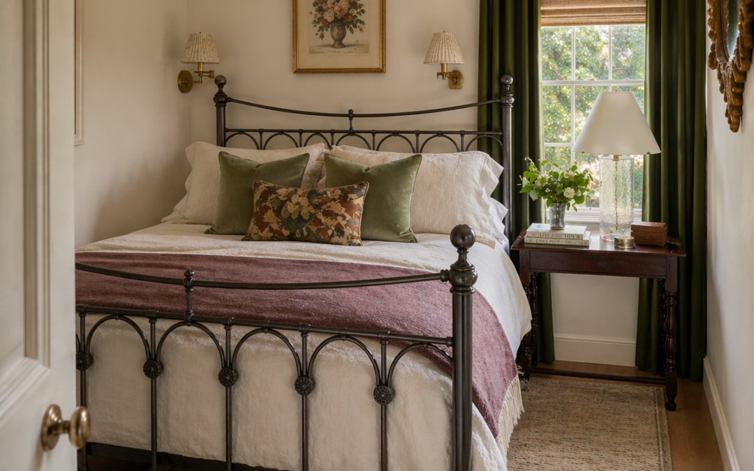 Double metal bed in a small bedroom styled with neutral bedding, green curtains, wooden flooring and natural light, designed to make the space feel larger.