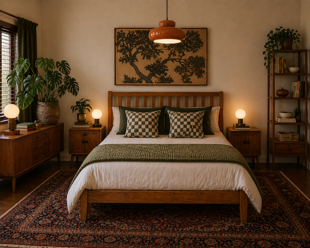 Wooden bed frame in a mid-century modern bedroom with warm ambient lighting, vintage furniture, patterned rug, and indoor plants