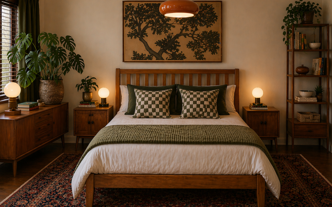 Wooden bed frame in a warm mid-century bedroom with green bedding, vintage furniture, patterned rug and soft lighting
