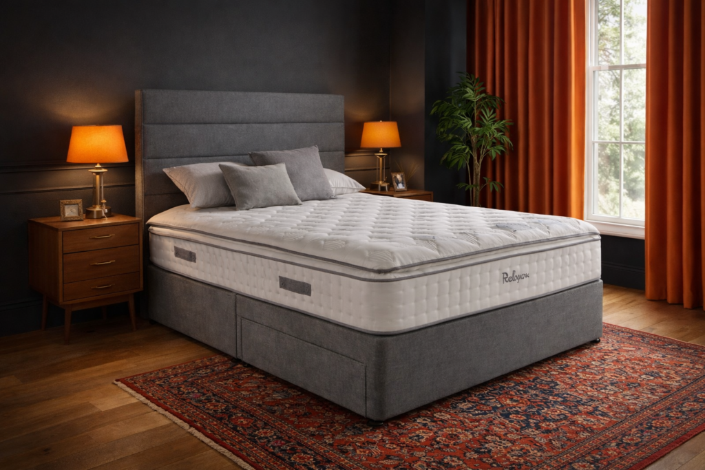 Grey divan storage bed in dark charcoal bedroom with orange curtains and Persian rug