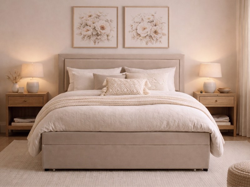 Taupe upholstered storage bed frame in neutral bedroom with wooden bedside tables and soft lighting