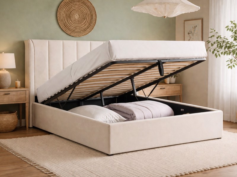 Natural fabric ottoman storage bed with lift-up base open showing under-bed storage compartment