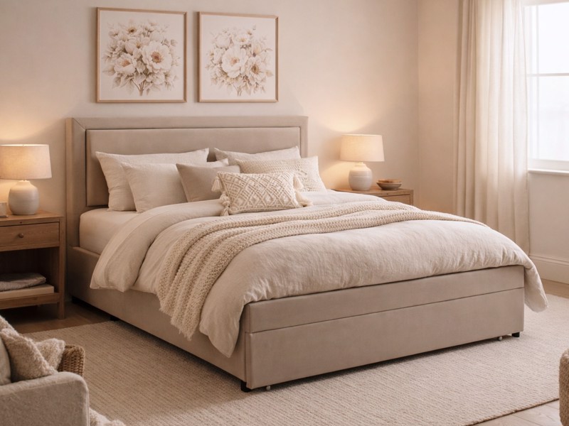 beige bed frame in neutral bedroom 