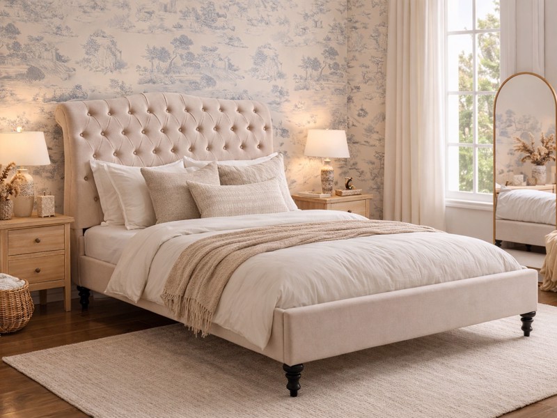 Beige upholstered bed frame with buttoned headboard in an elegant bedroom with soft neutral décor