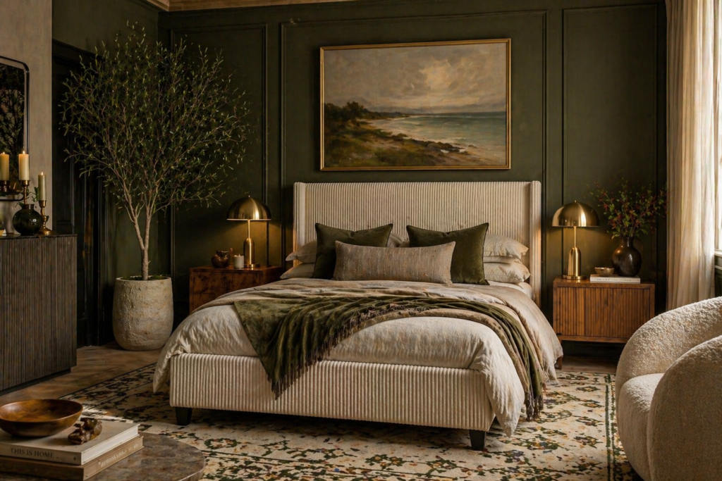 Cream upholstered bed frame in a heritage style bedroom with dark green panelled walls, brass lamps and layered bedding