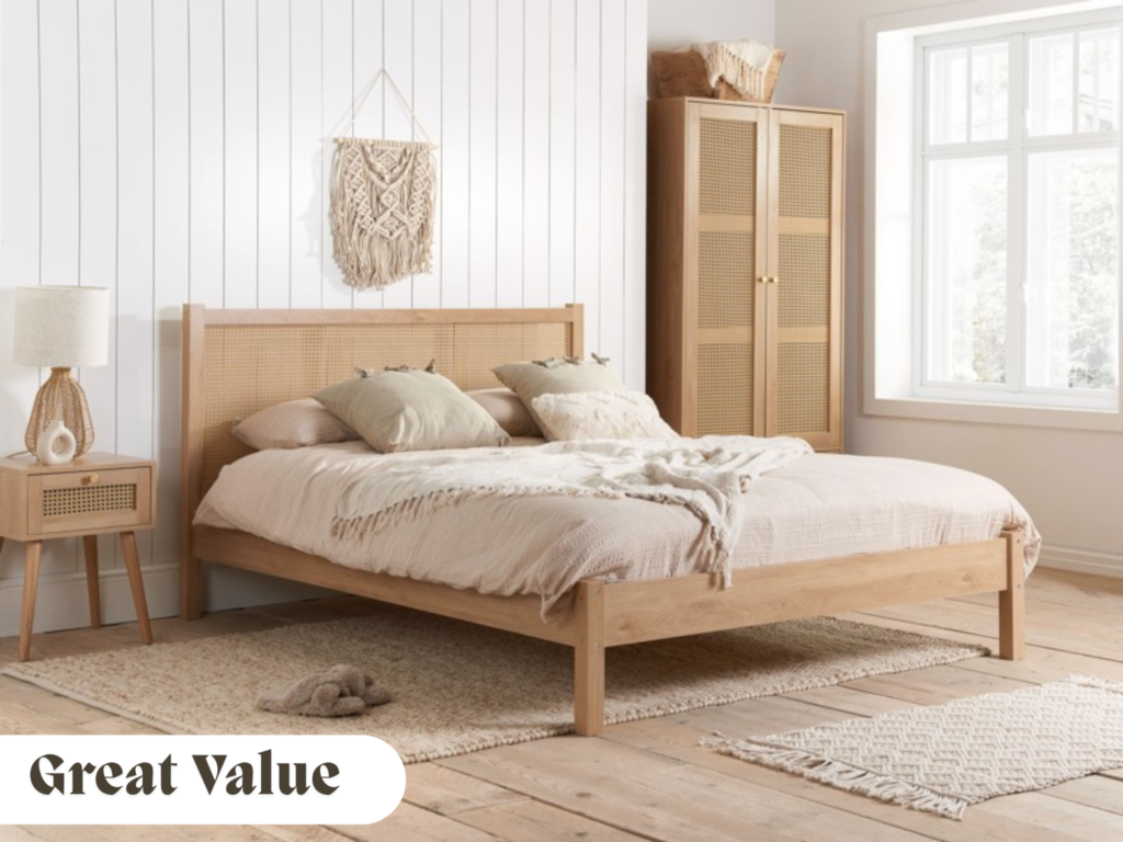cream and beige bedroom with rattan bed and matching wardrobe