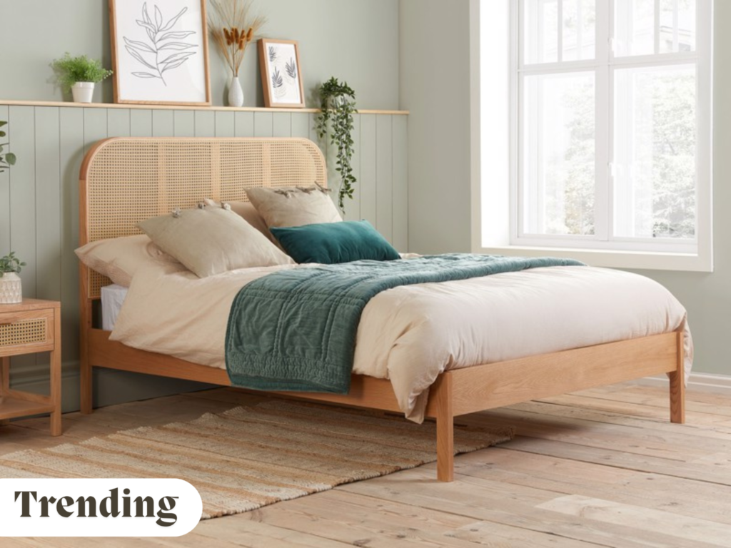Rattan bed frame in calming neutral room