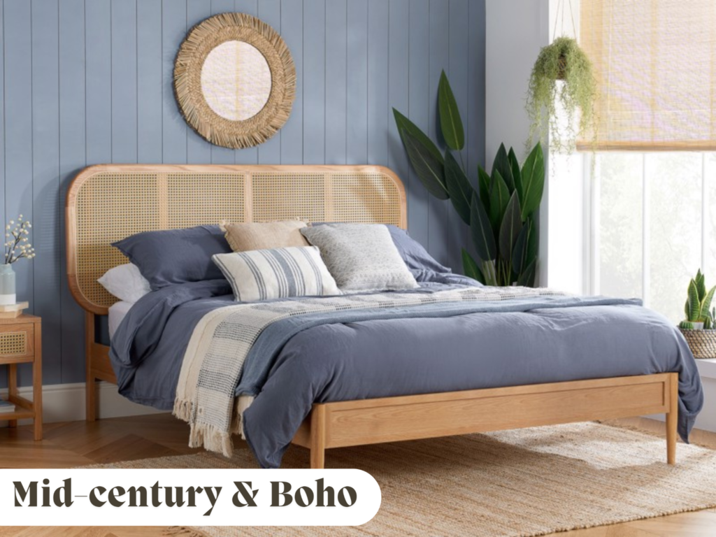 blue bedroom with rattan bed in the centre and plants as decorations