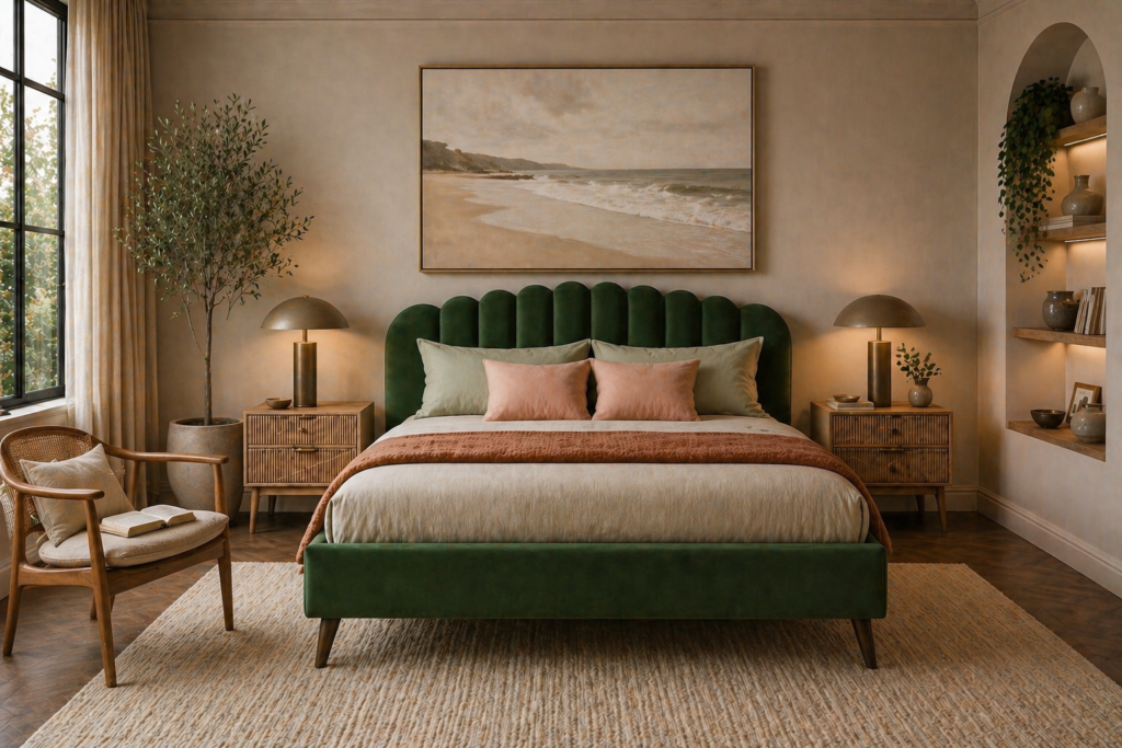 Green upholstered bed frame in a contemporary luxe bedroom with neutral tones, wooden bedside tables and soft ambient lighting
