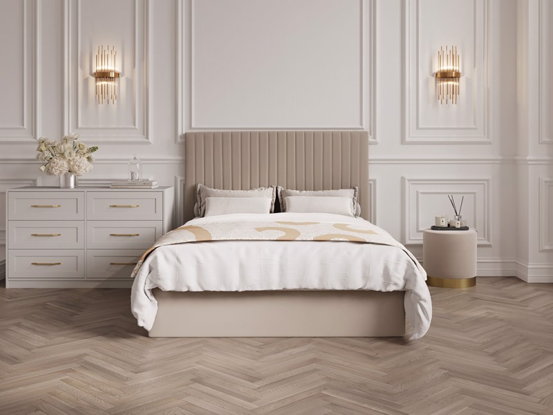 ottoman bed frame in beige with tall headboard in hotel style bedroom