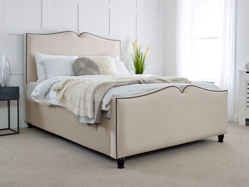 beige bed frame with high headboard in clean, fresh bedroom