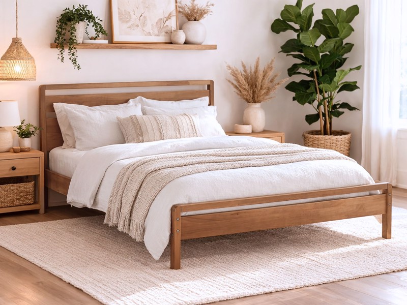 wooden low profile bed frame in white bedroom with plants 