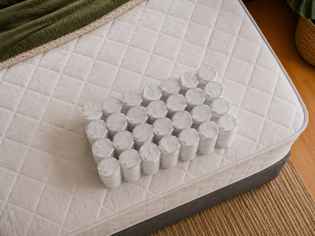 Pocket springs resting on top of a white quilted mattress in a warm, modern bedroom setting.