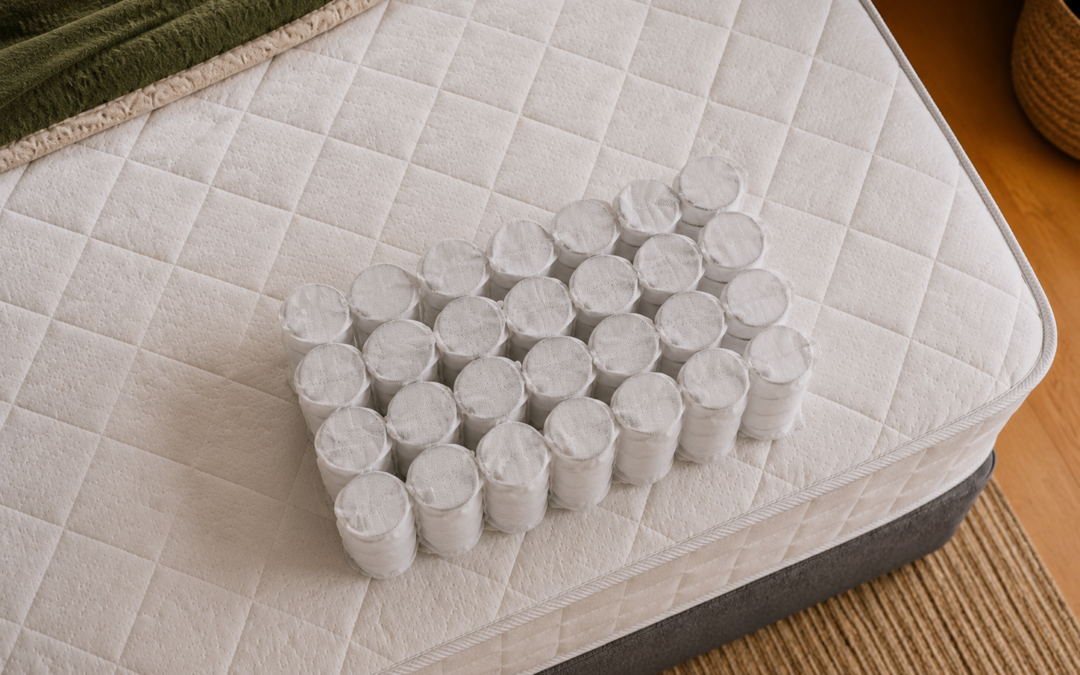 Pocket springs resting on top of a white quilted mattress in a warm, modern bedroom setting.