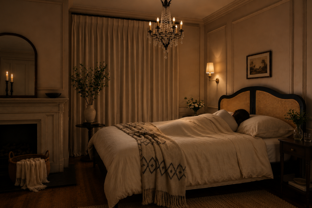 Woman sleeping on her side in a warm softly lit bedroom with a supportive mattress and neutral bedding, illustrating comfort and mattress tension for better sleep posture.