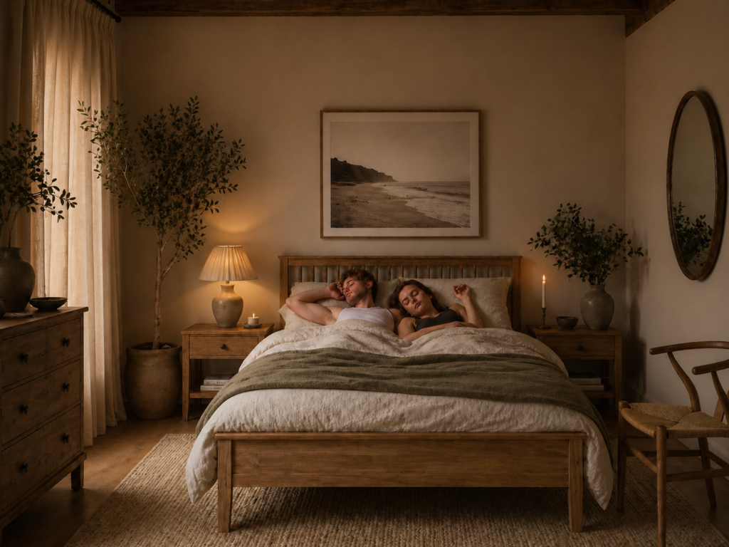 Couple sleeping comfortably in a warm neutral bedroom at dawn with softly closed curtains, layered bedding and a supportive wooden bed designed for restful sleep and mattress comfort.