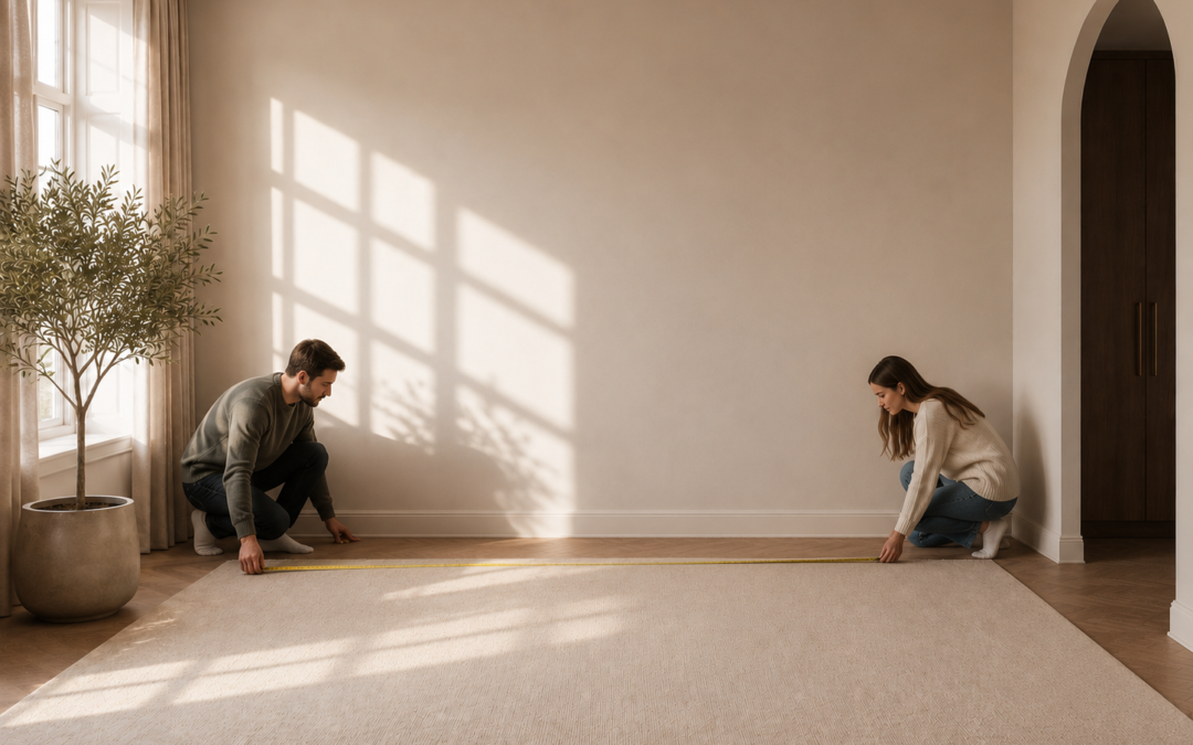 Couple measuring an empty bedroom space with a tape measure to plan the right mattress size for their room