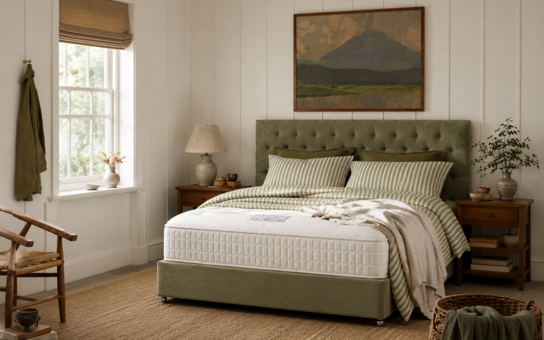 Sage green upholstered bed in a bright naturally lit bedroom with striped olive bedding, layered neutral throws and breathable sleep styling ideal for hot sleepers.