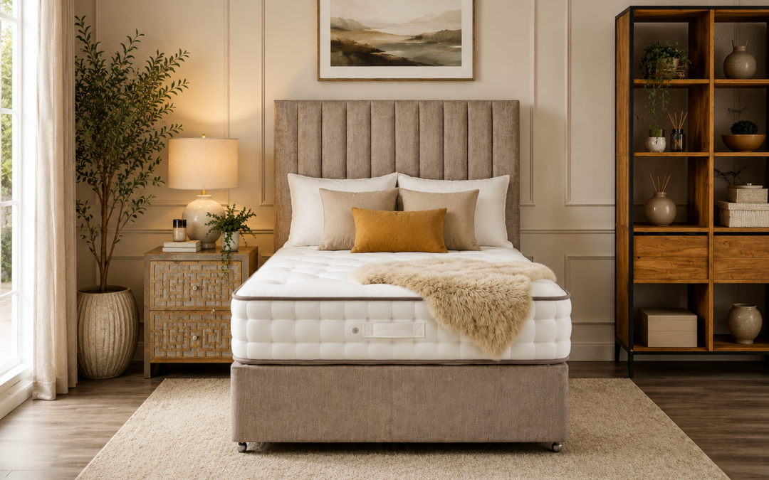 King size mattress and upholstered divan bed styled in a neutral modern bedroom with layered pillows, soft lighting and warm wooden furniture.