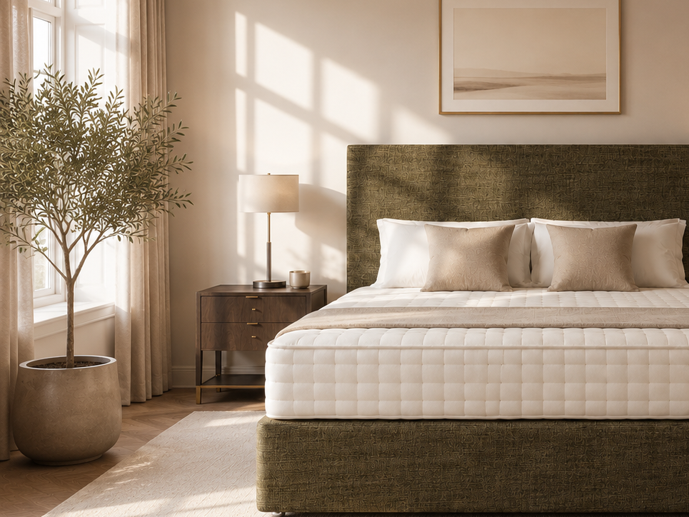 Modern bed with a supportive mattress and layered bedding in a softly lit bedroom, highlighting premium mattress materials and sleep comfort