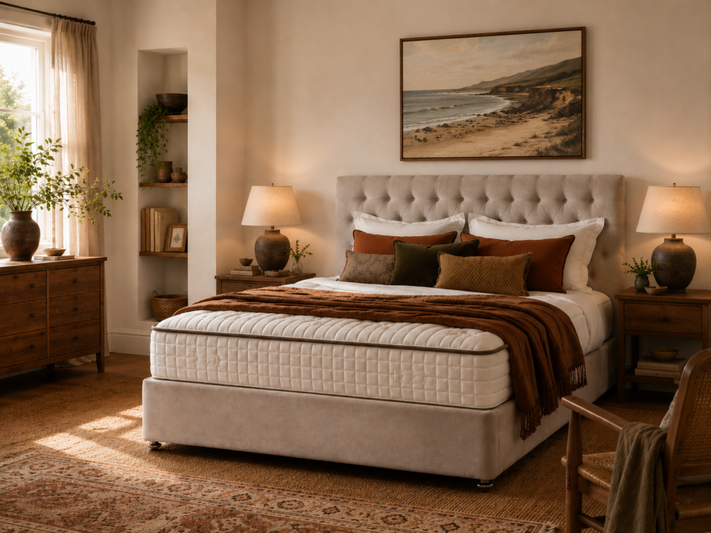 Neutral upholstered bed with a luxury mattress in a warm coastal-inspired bedroom featuring rustic wood furniture, layered terracotta bedding and a framed beach landscape painting.