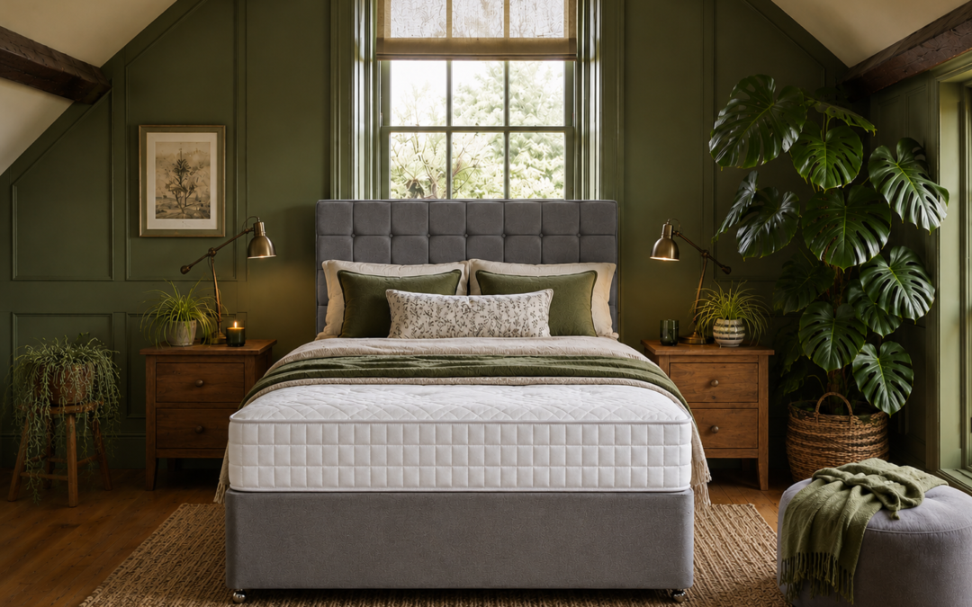 Viva Supreme memory foam mattress on a grey upholstered bed in a cosy attic bedroom with deep green walls, wooden furniture and tropical house plants.